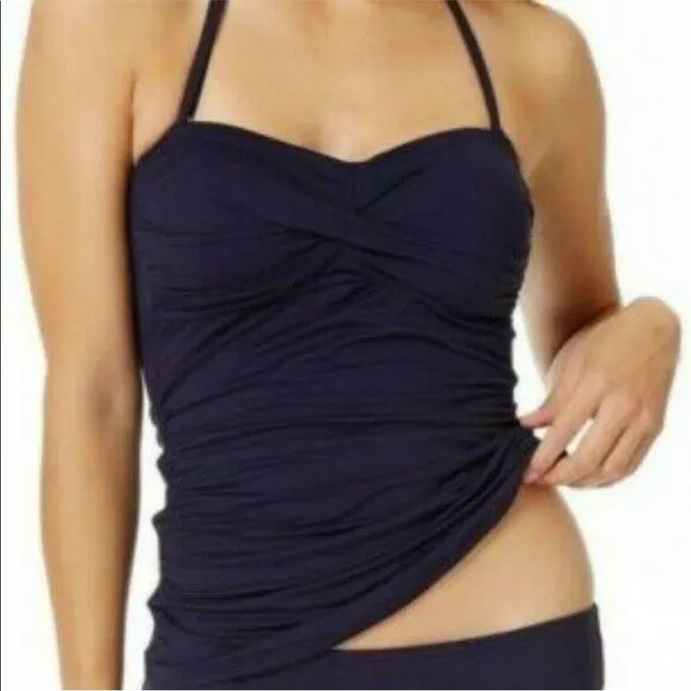 🔥ANNE COLE🔥Swim Twist Front Shirred Bandeau Tankini Swimsuit Top Navy M NWT - Picture 3 of 5
